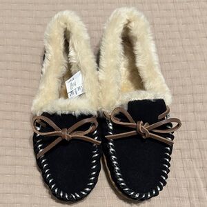 J.Crew Black and Cream Women's Moccasin Slippers- EUC